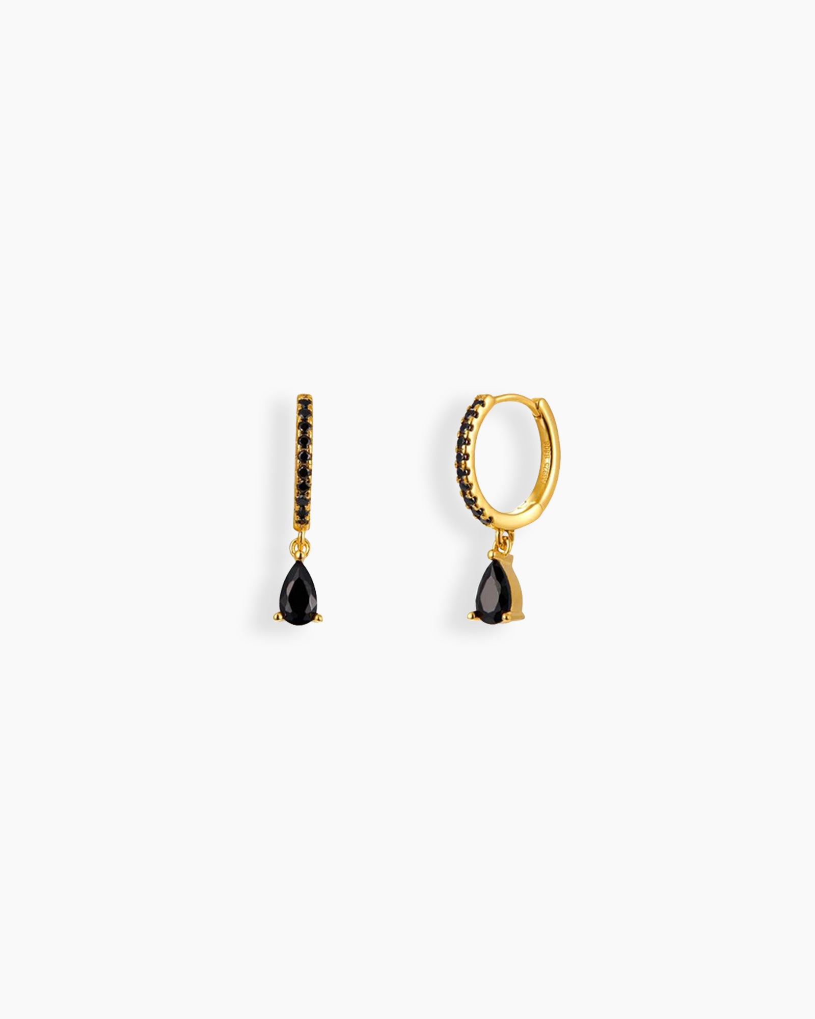 Black drop earrings with a slim gold-tone hoop encrusted in pavé-set zircons and a pear-shaped drop