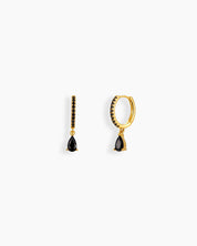 Black drop earrings with a slim gold-tone hoop encrusted in pavé-set zircons and a pear-shaped drop
