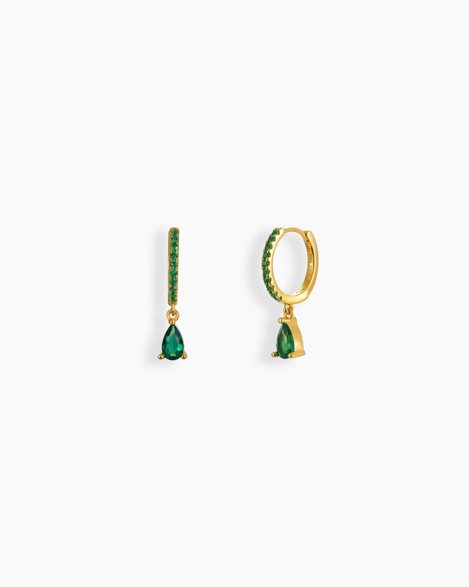 Green drop earrings with a slim gold-tone hoop encrusted in pavé-set zircons and a pear-shaped drop