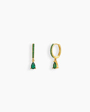 Green drop earrings with a slim gold-tone hoop encrusted in pavé-set zircons and a pear-shaped drop