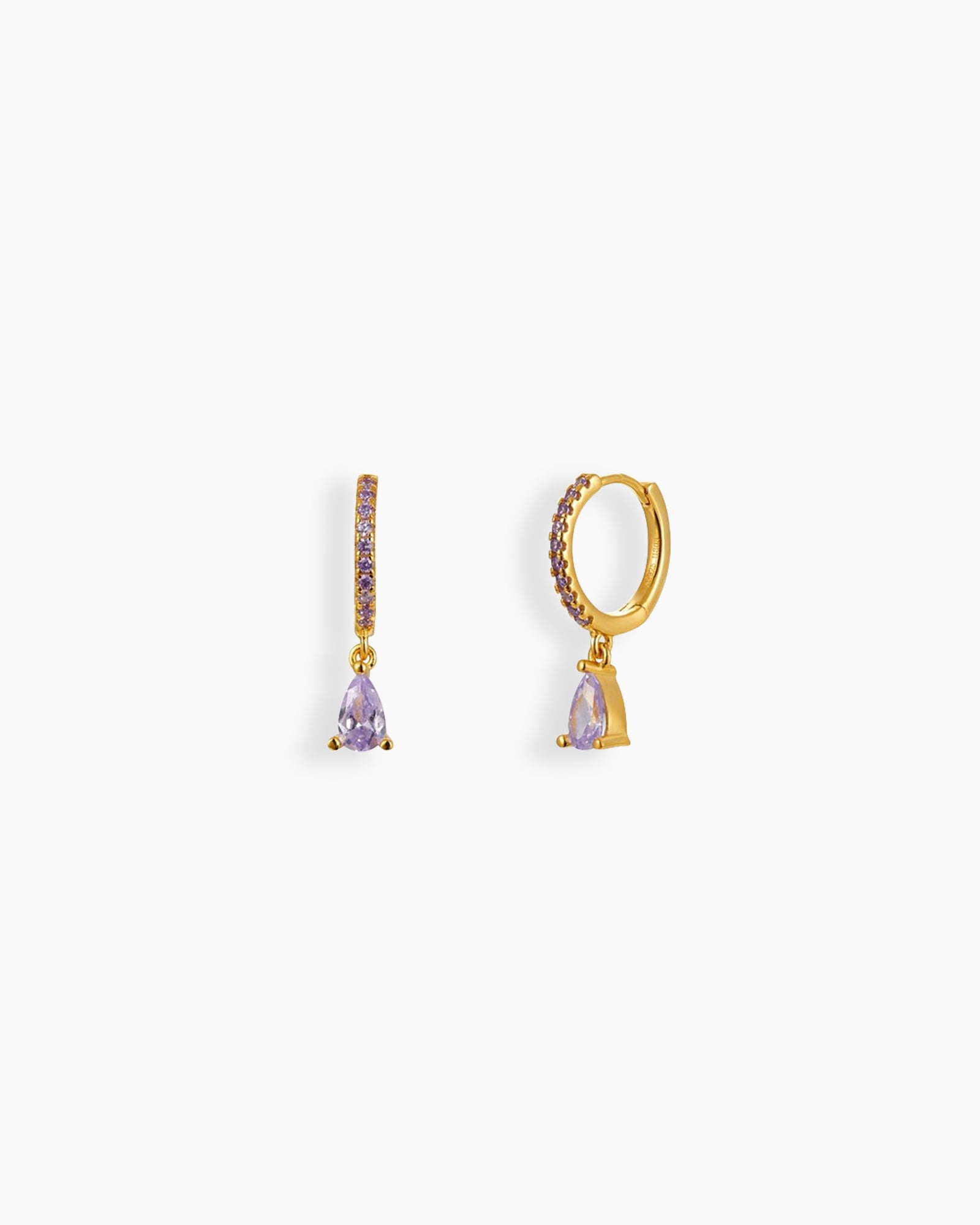 Purple drop earrings with a slim gold-tone hoop encrusted in pavé-set zircons and a pear-shaped drop
