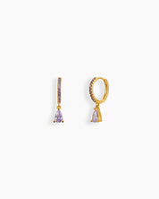 Purple drop earrings with a slim gold-tone hoop encrusted in pavé-set zircons and a pear-shaped drop