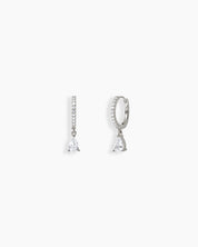 Silver drop earrings with a slim silver-tone hoop encrusted in pavé-set zircons and a pear-shaped drop
