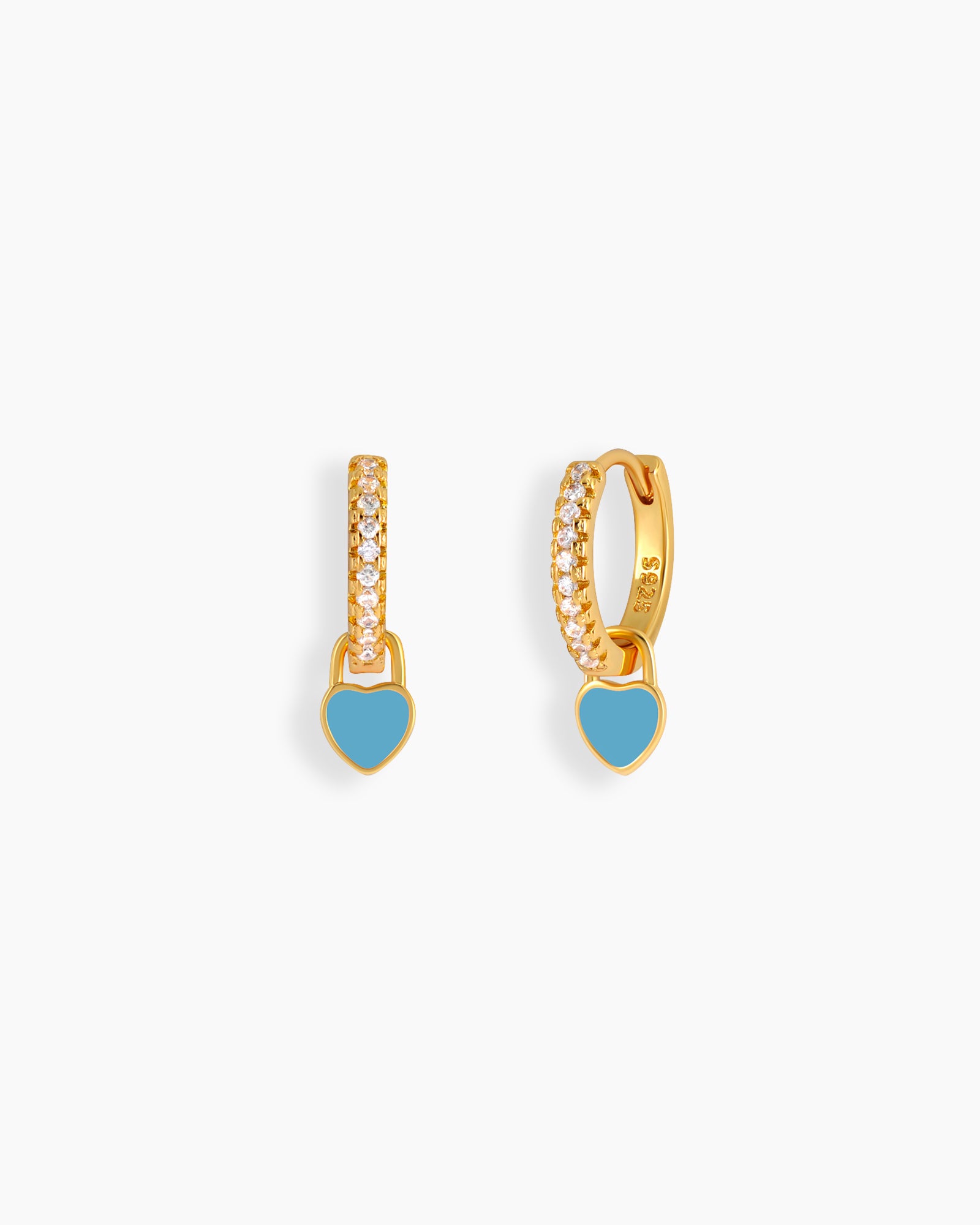 Light-blue drop earrings with a zircon-encrusted huggie and a glossy enamel heart charm that swings with movement