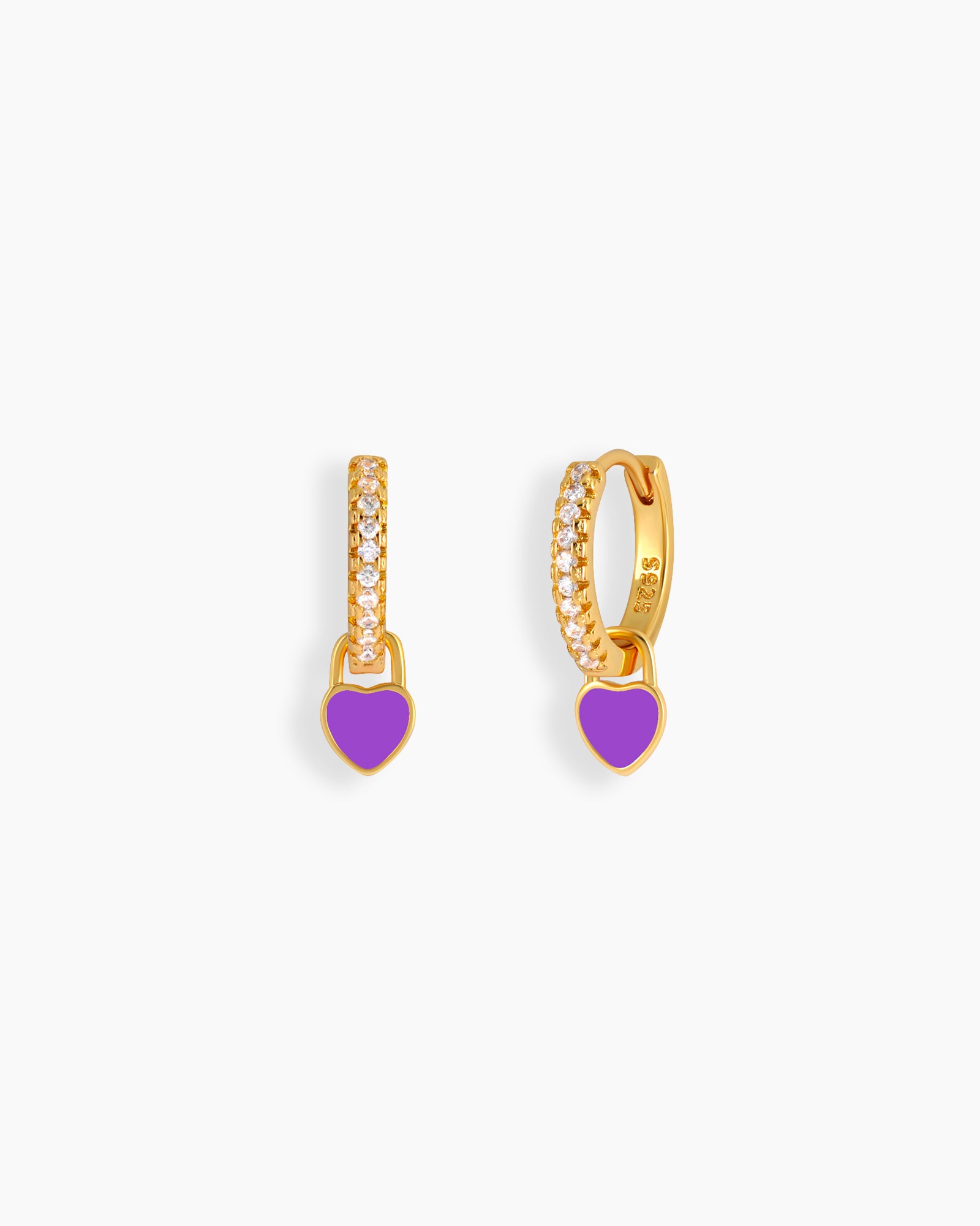 Purple drop earrings with a zircon-encrusted huggie and a glossy enamel heart charm that swings with movement