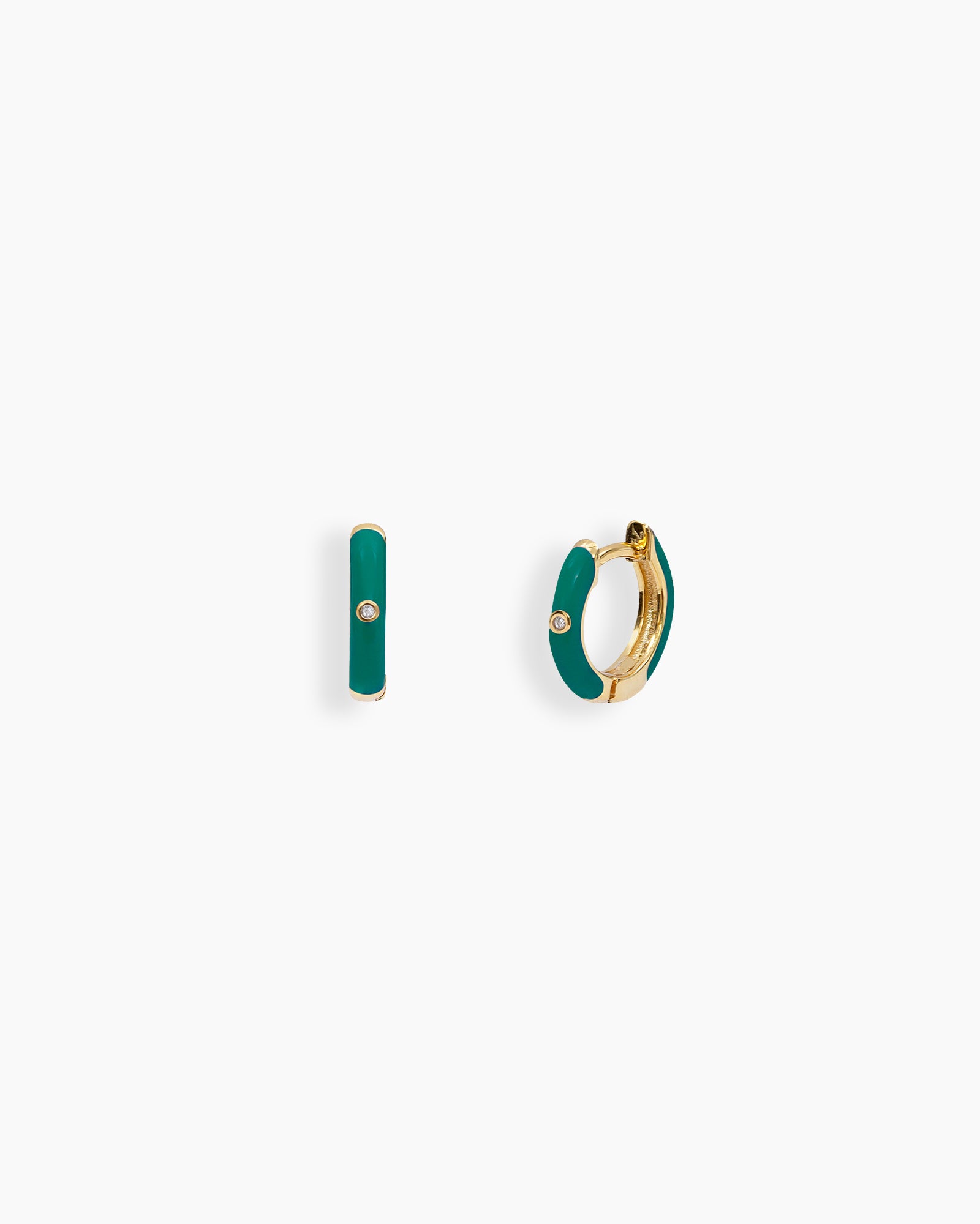 Green mini hoops coated in glossy enamel and accented with a single sparkling zircon for a playful twist