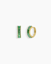 Green huggie earrings with a row of baguette-cut zircon stones in a sleek channel setting