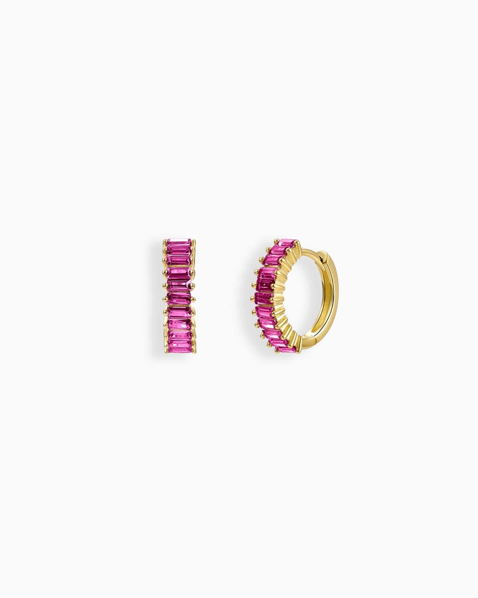 Rose-red huggie earrings with a row of baguette-cut zircon stones in a sleek channel setting
