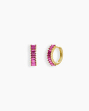 Rose-red huggie earrings with a row of baguette-cut zircon stones in a sleek channel setting