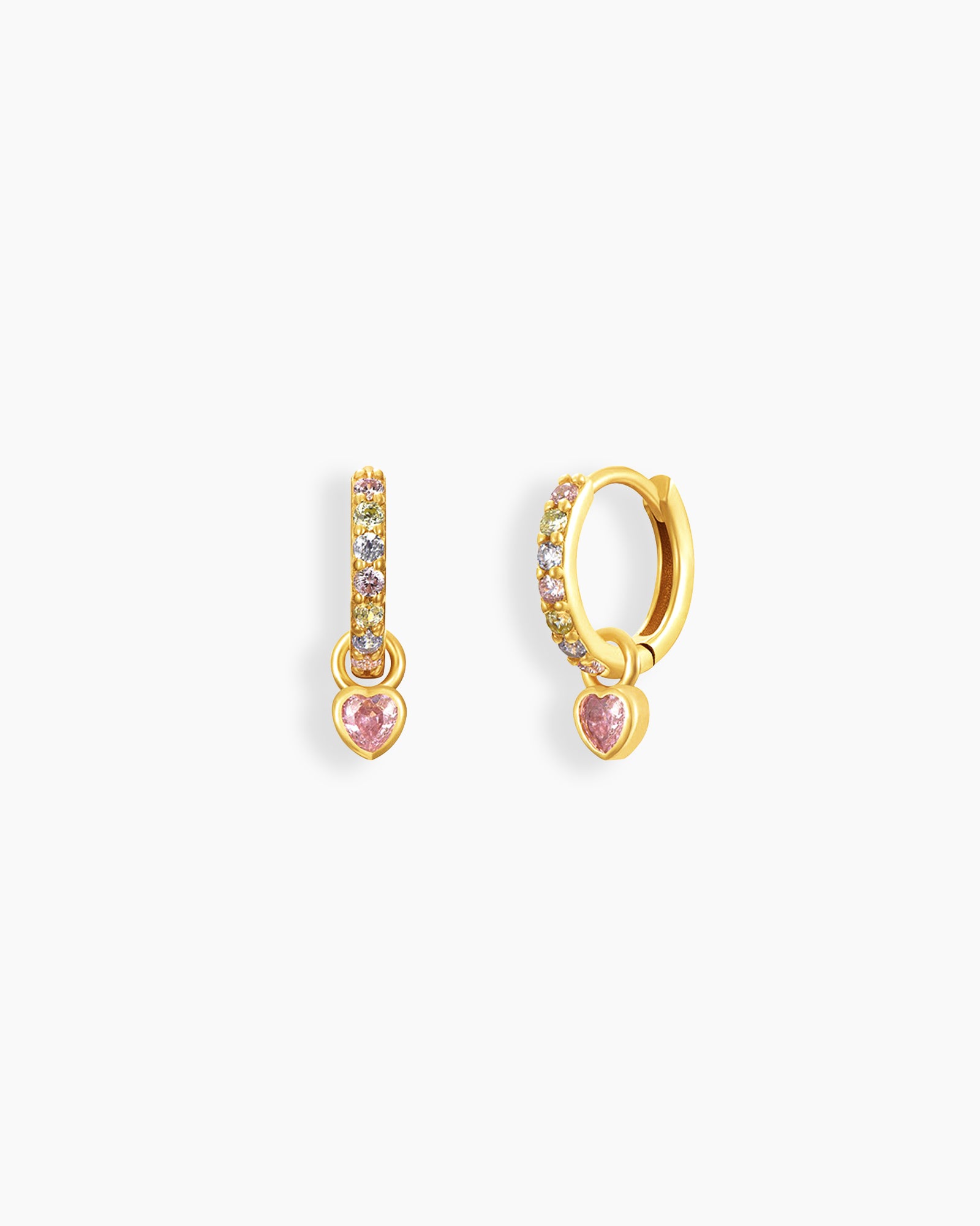 Pink drop earrings with a polished gold-tone huggie, pavé-set zircons, and a heart-cut drop charm
