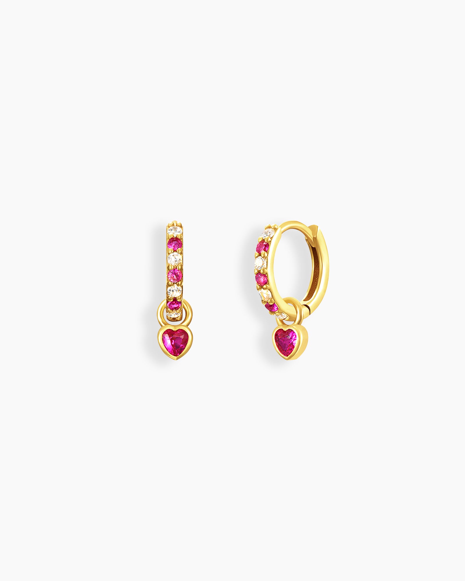 Rose-red drop earrings with a polished gold-tone huggie, pavé-set zircons, and a heart-cut drop charm