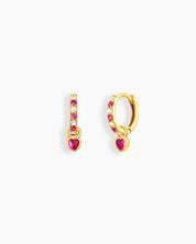 Rose-red drop earrings with a polished gold-tone huggie, pavé-set zircons, and a heart-cut drop charm