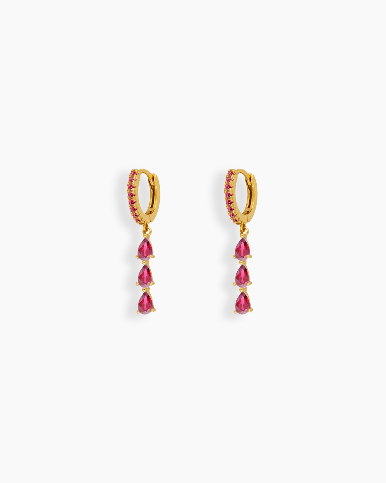 Rose-red drop earrings with three delicately suspended pear-shaped zircon stones that sway gracefully