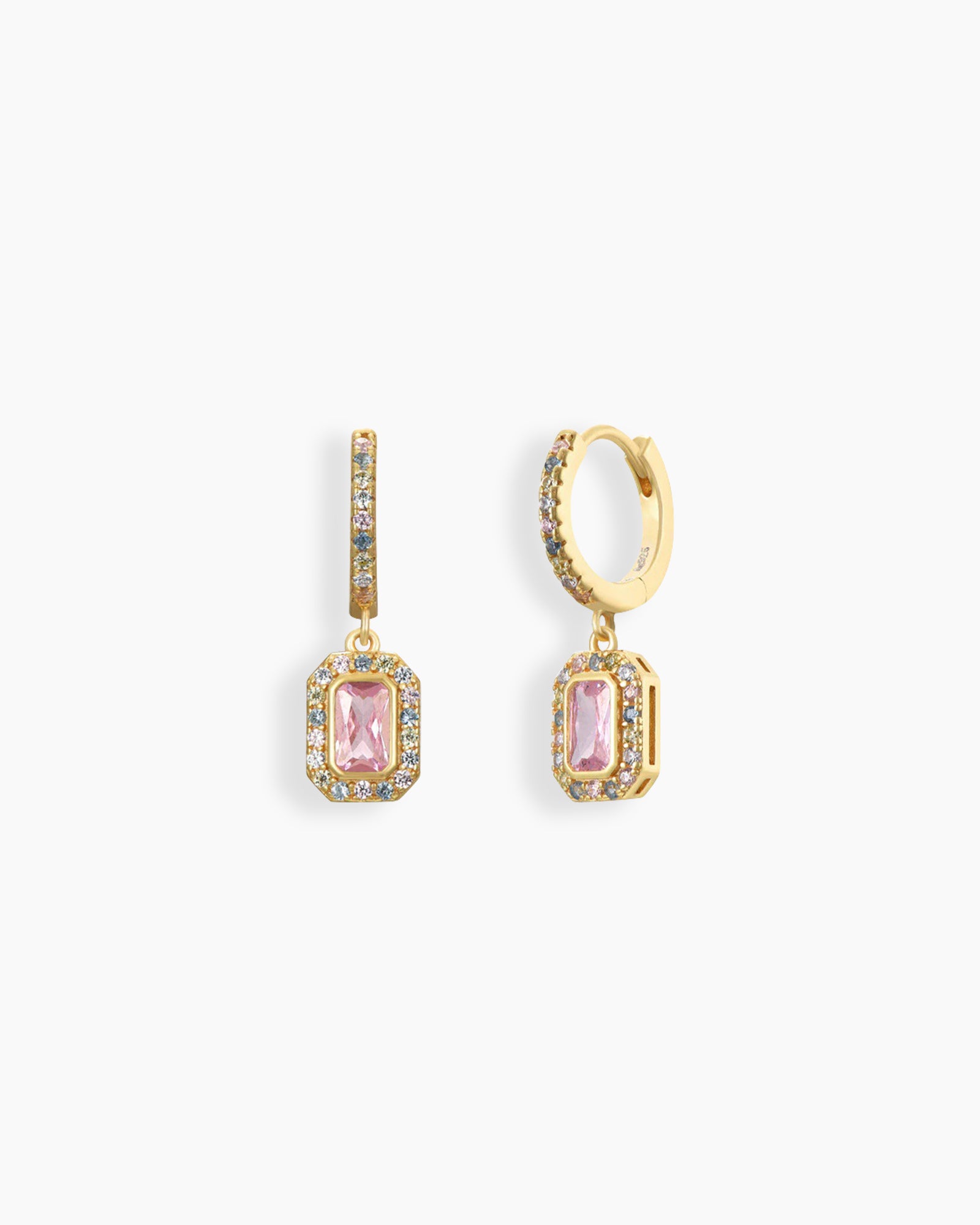 Pink drop earrings with a radiant emerald-cut zircon stone framed with pavé crystals on a classic gold hoop