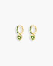 Green drop earrings with glimmering hoops and delicate, sparkling heart-shaped pendants