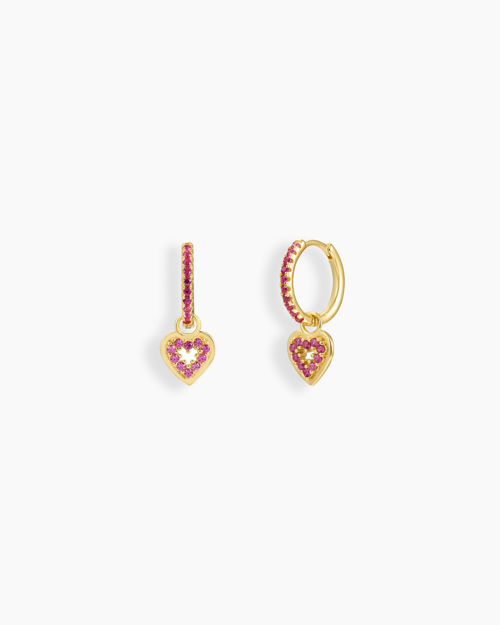 Rose-red drop earrings with glimmering hoops and delicate, sparkling heart-shaped pendants