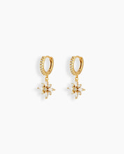 Gold huggie hoop earrings with a dainty flower-shaped charm crafted from marquise and round white zircons