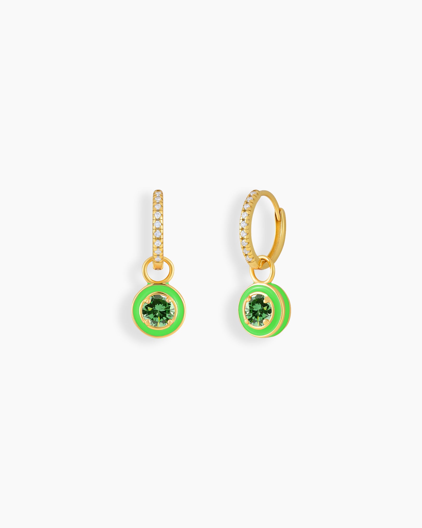Green drop earrings with a zircon-accented hoop and a glossy enamel charm cradling a sparkling stone
