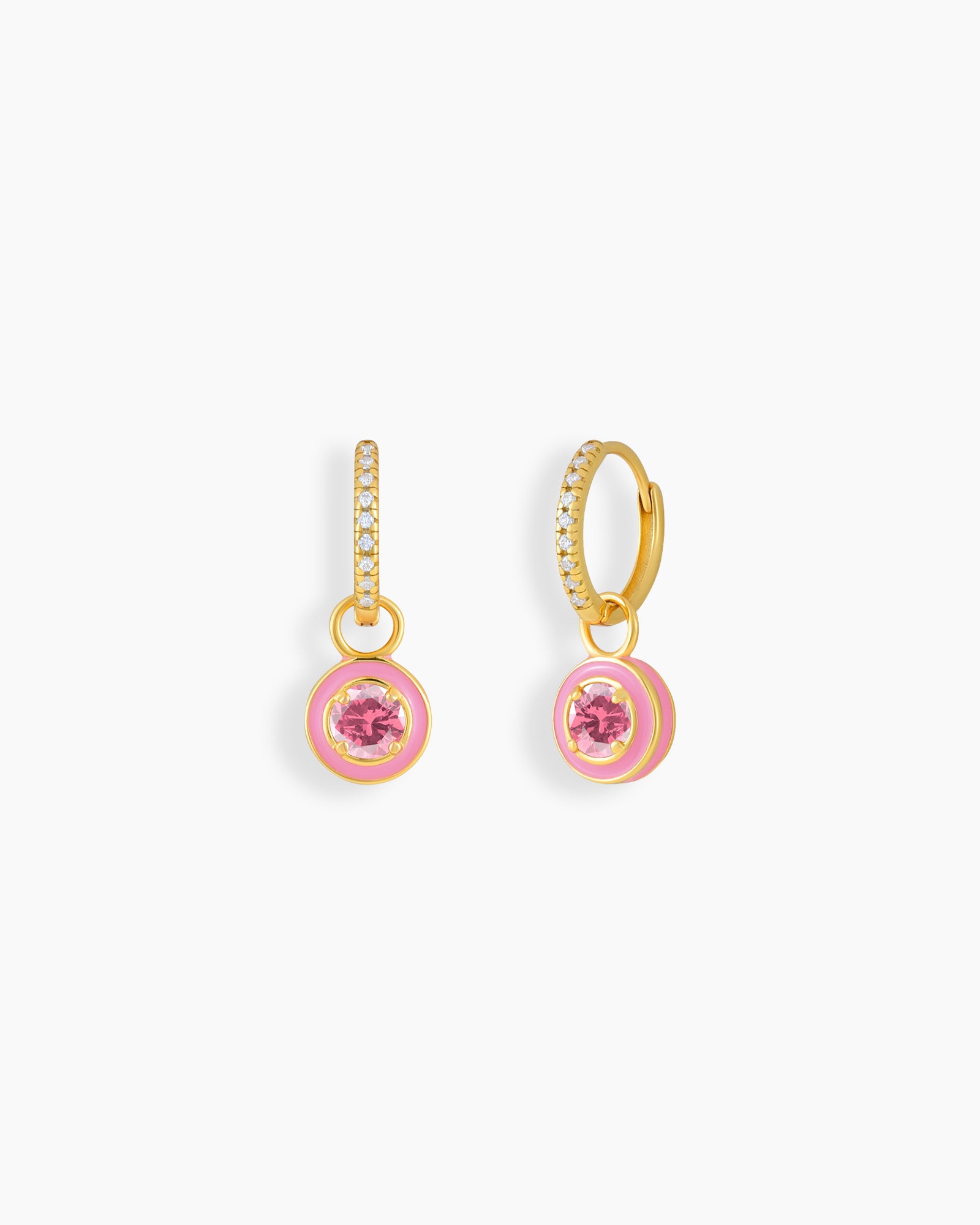 Pink drop earrings with a zircon-accented hoop and a glossy enamel charm cradling a sparkling stone