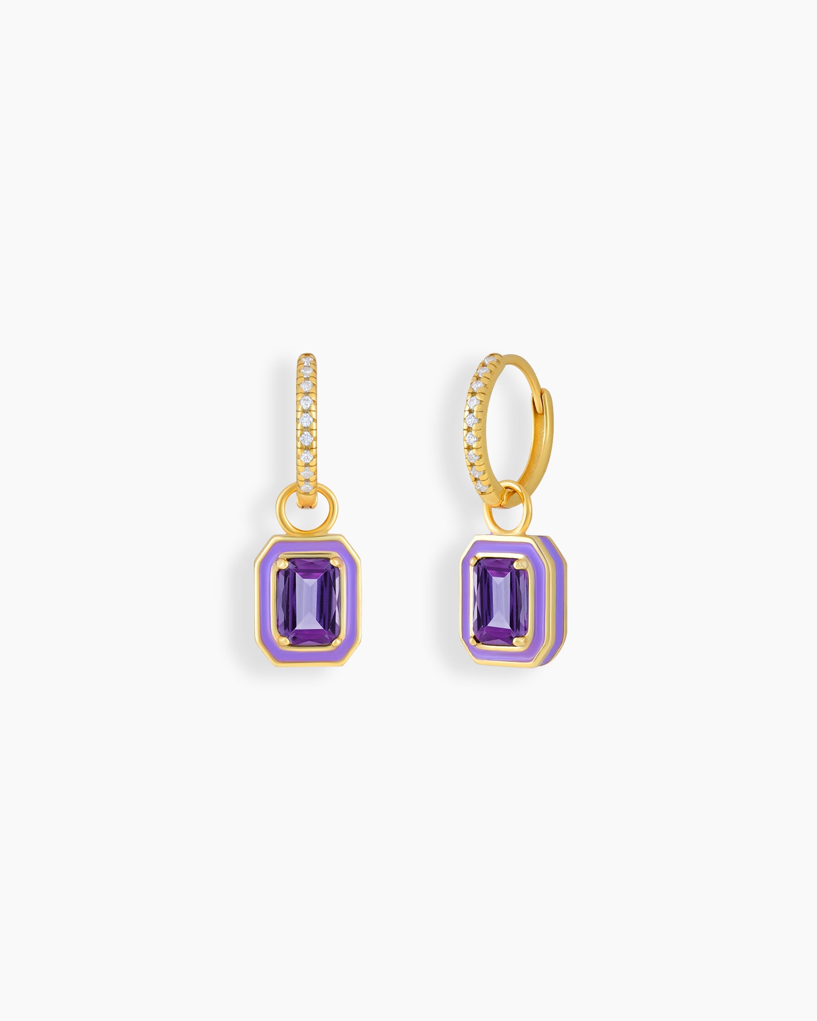 Purple drop earrings with a radiant emerald-cut zircon framed by a glossy enamel border and a pavé hoop