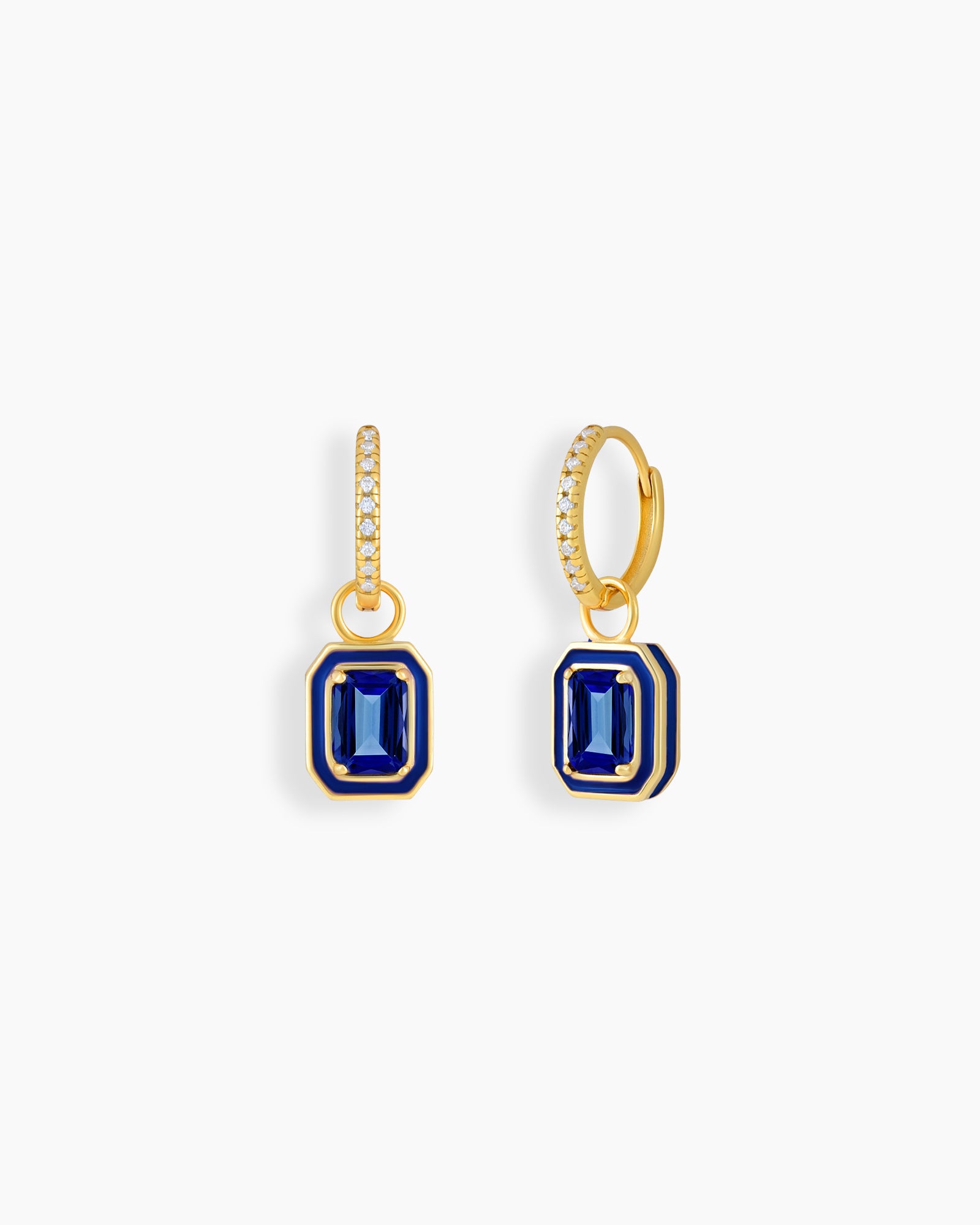 Sapphire-blue drop earrings with a radiant emerald-cut zircon framed by a glossy enamel border and a pavé hoop