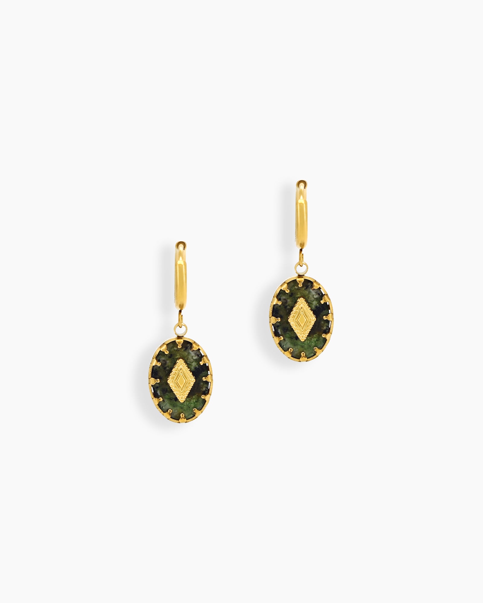 Earrings that pair lush green african pine stones with golden bezel detailing for a vintage look