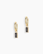 Black drop earrings with a slender hoop adorned with a single baguette-cut zircon stone