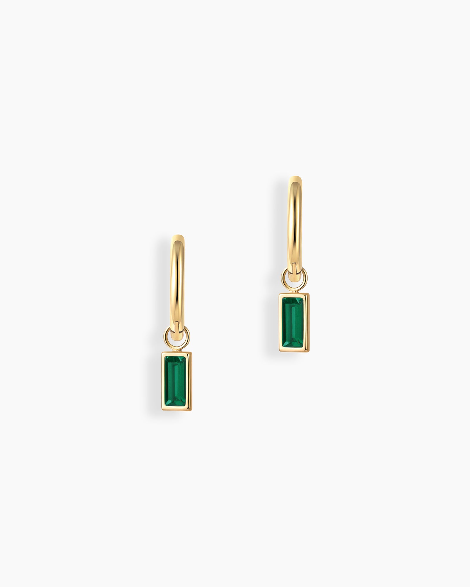 Green drop earrings with a slender hoop adorned with a single baguette-cut zircon stone