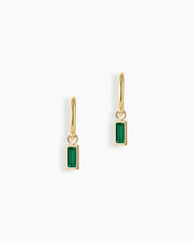 Green drop earrings with a slender hoop adorned with a single baguette-cut zircon stone