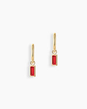Red drop earrings with a slender hoop adorned with a single baguette-cut zircon stone