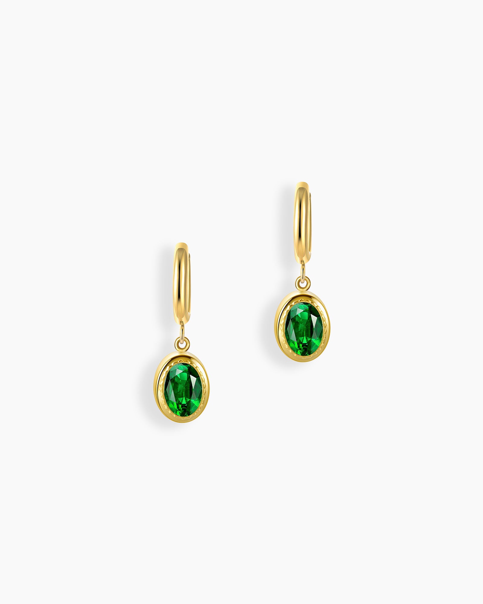 Green stone drop earrings with a richly hued oval-cut zircon in a polished gold bezel