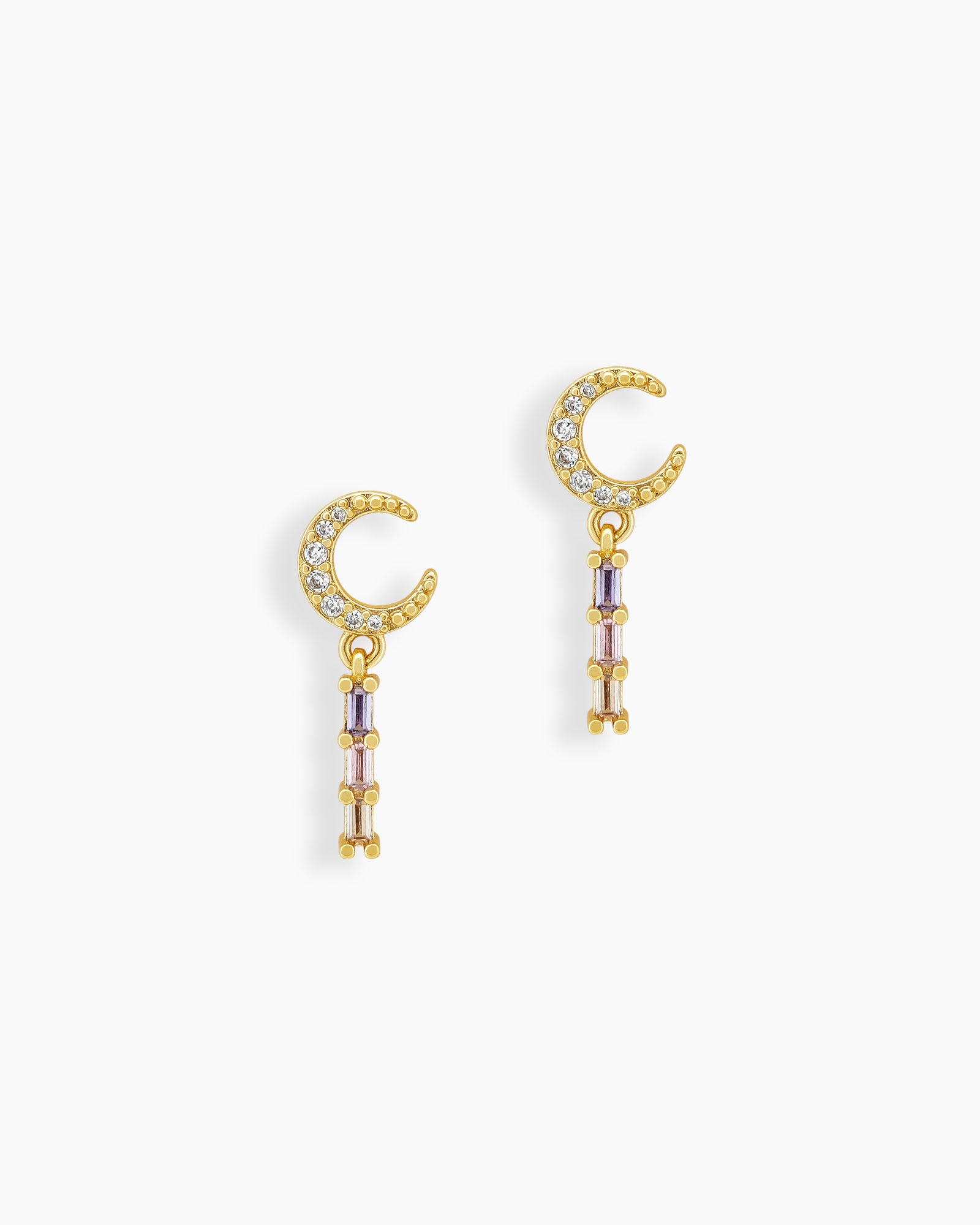 Drop earrings with gold-tone crescent moons and a vertical drop of baguette-cut zircons in pastel hues