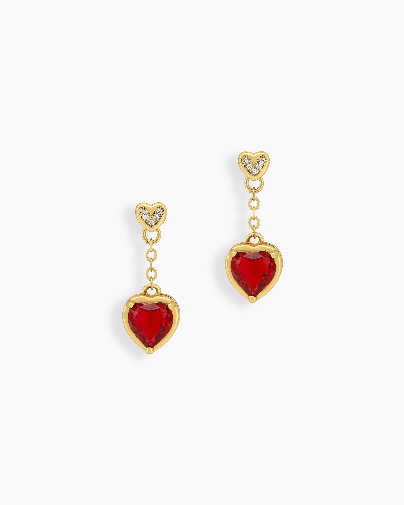 Drop earrings with scarlet heart stones suspended from delicate chain links and crystal-studded heart studs