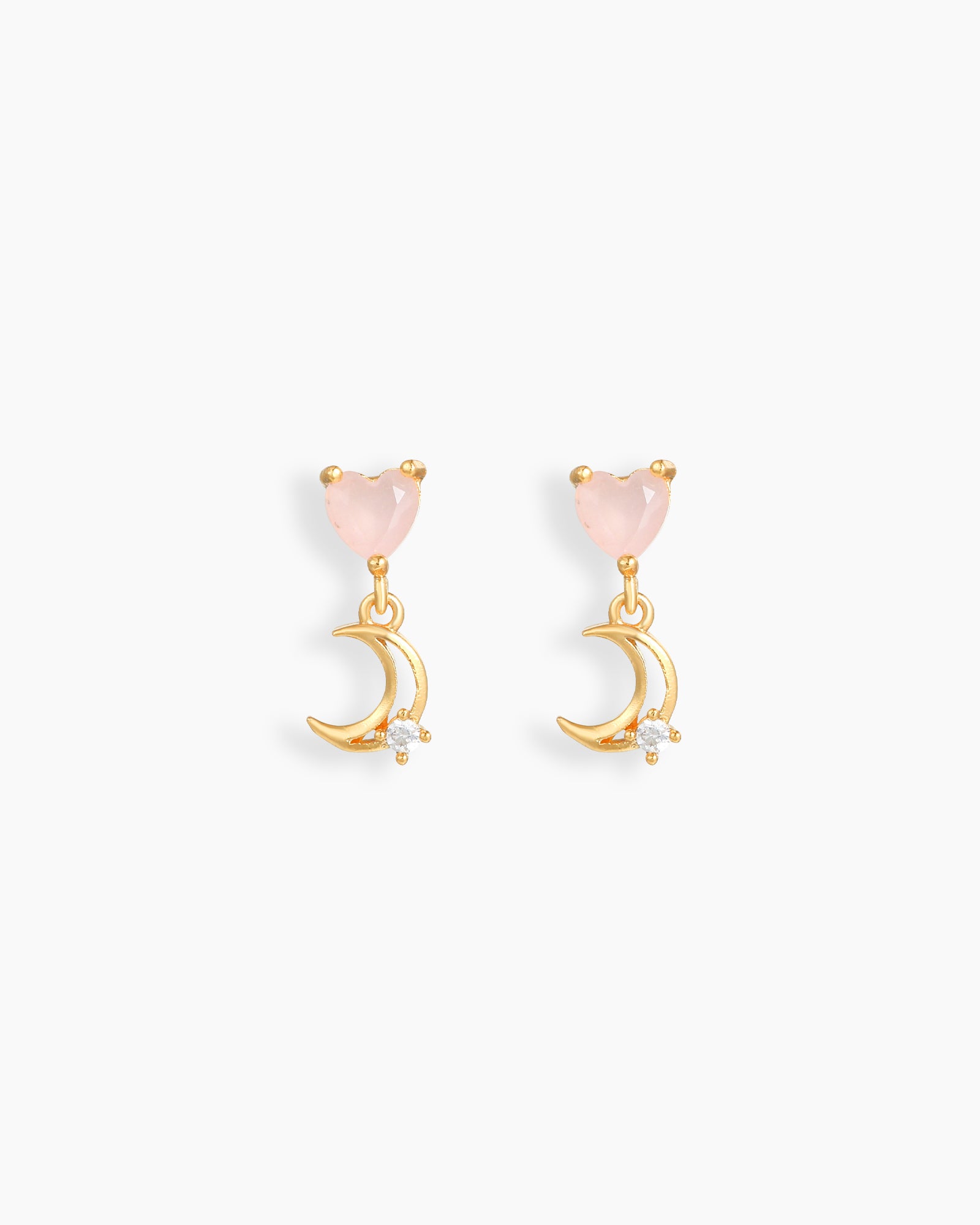 Drop earrings with dainty heart-shaped pink zircons paired with gold-tone crescent moons