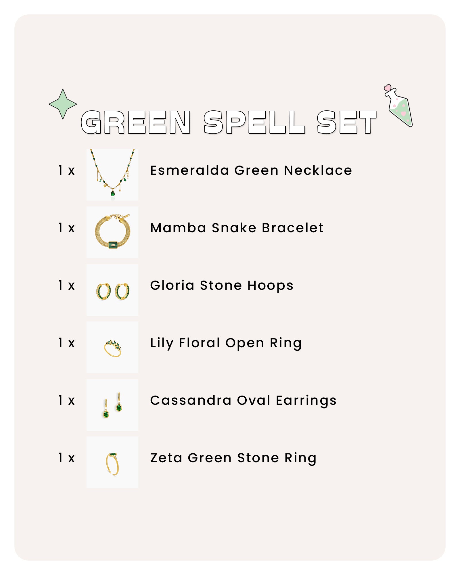 A set of six enchanting green jewelry pieces designed to add mystique and vibrant charm