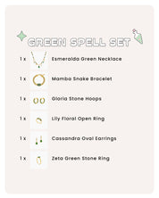 A set of six enchanting green jewelry pieces designed to add mystique and vibrant charm