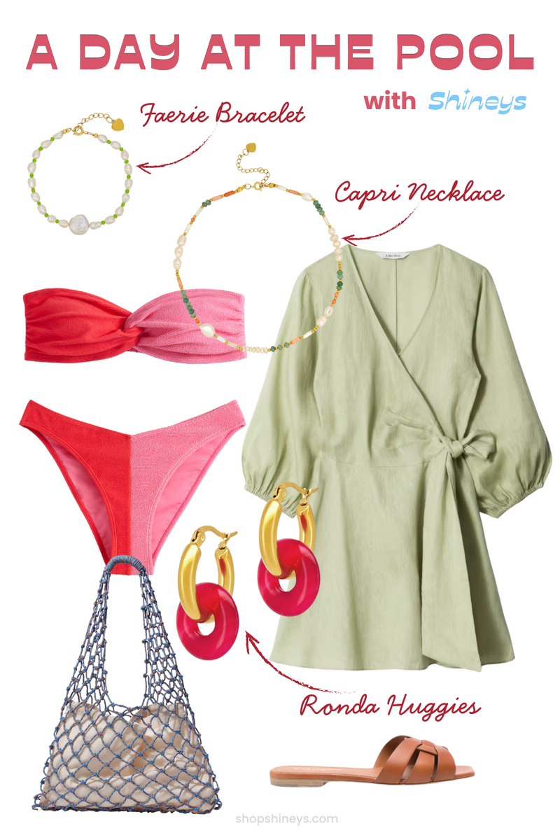 A Day at the Pool mood board of summer pearl and stone jewelry with pink bikini and green wrap-up