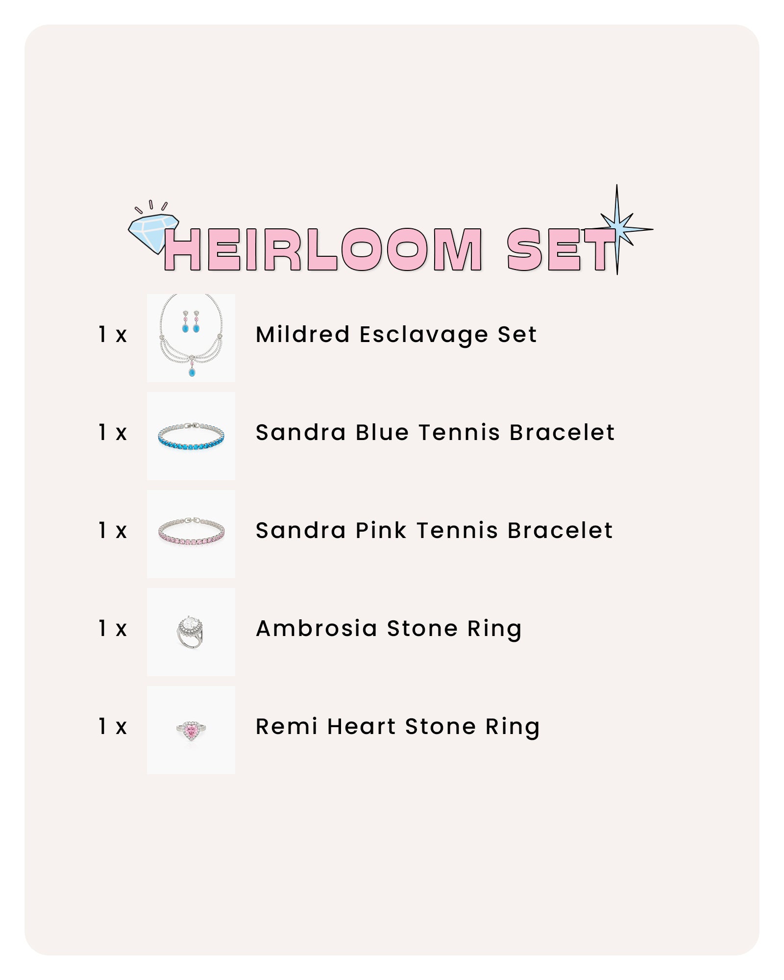 A jewelry set with the Mildred Esclavage Set, tennis bracelets, and rings for a timelessly glamorous look