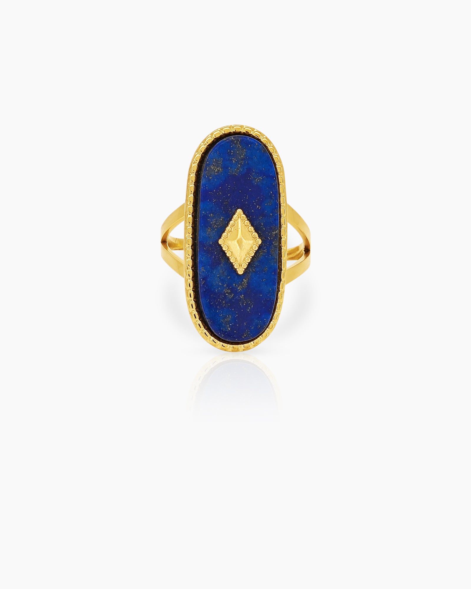 An adjustable ring with a navy lapis lazuli center stone, gold diamond accent, and a polished double band