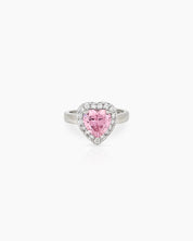 A romantic pink ring with a heart-cut zircon stone framed by a border of brilliant pavé crystals
