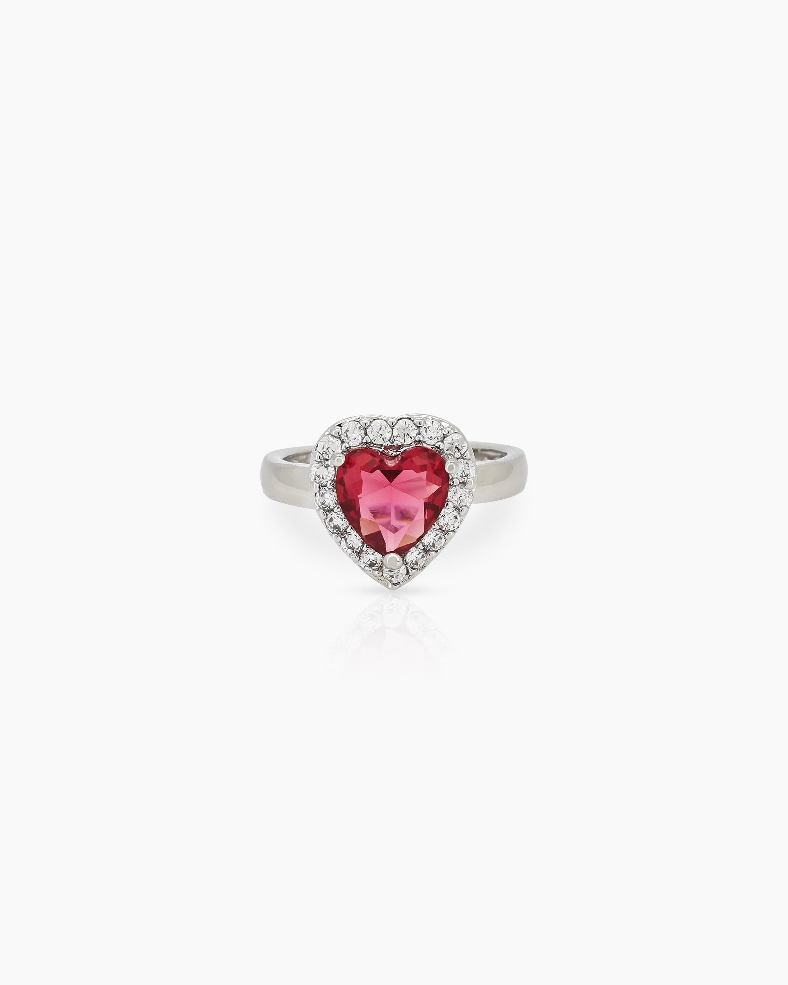 A romantic red ring with a heart-cut zircon stone framed by a border of brilliant pavé crystals