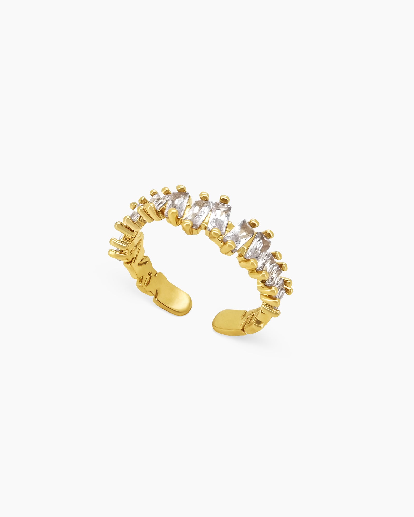 An adjustable white gold-tone band encrusted with a row of baguette-cut zircon stones