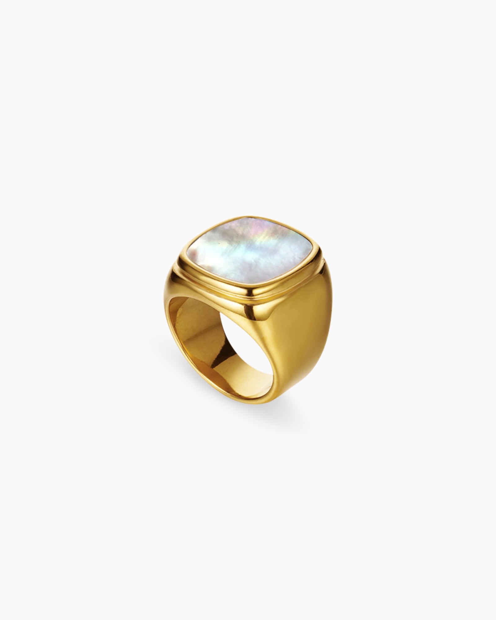 A statement ring with a luminous mother-of-pearl inlay and a smooth, sculptural gold-tone band