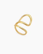A sleek gold ring with a fluid, open curve and a high-shine finish for a modern, sculptural look