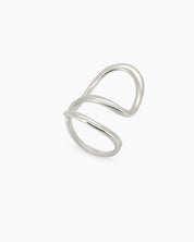 A sleek silver ring with a fluid, open curve and a high-shine finish for a modern, sculptural look