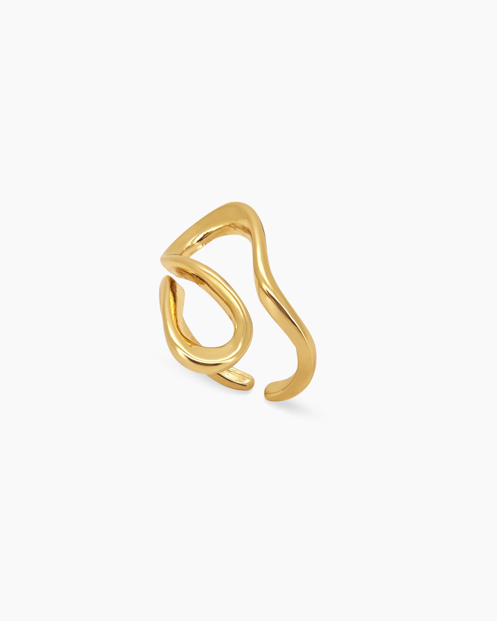 A high-shine gold ring that flows in a continuous wave with an open silhouette and smooth curves