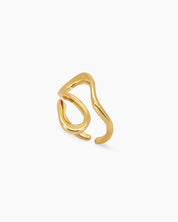 A high-shine gold ring that flows in a continuous wave with an open silhouette and smooth curves
