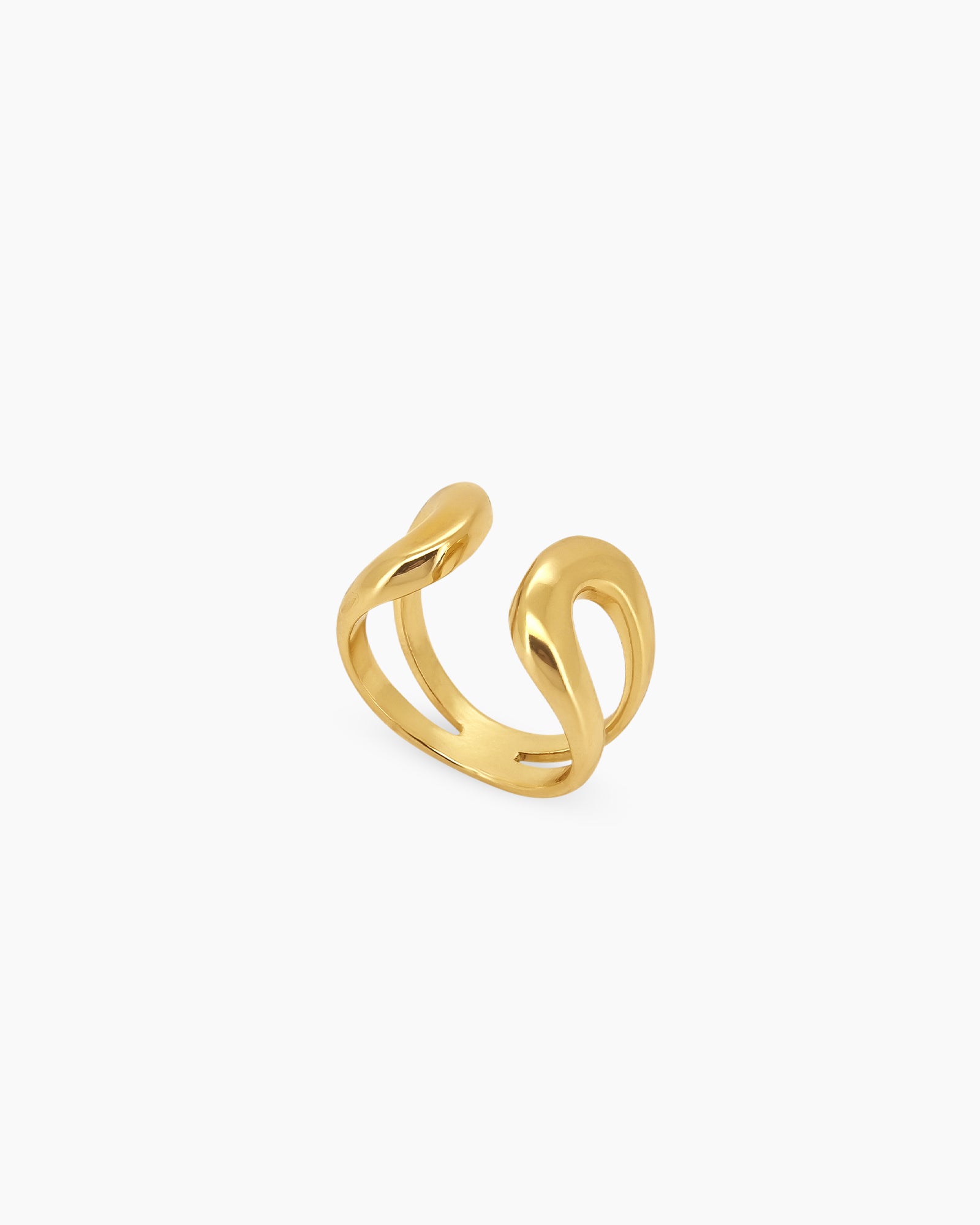 A gold open ring with a thick, smooth, and reflective curve that creates a fluid, playful presence
