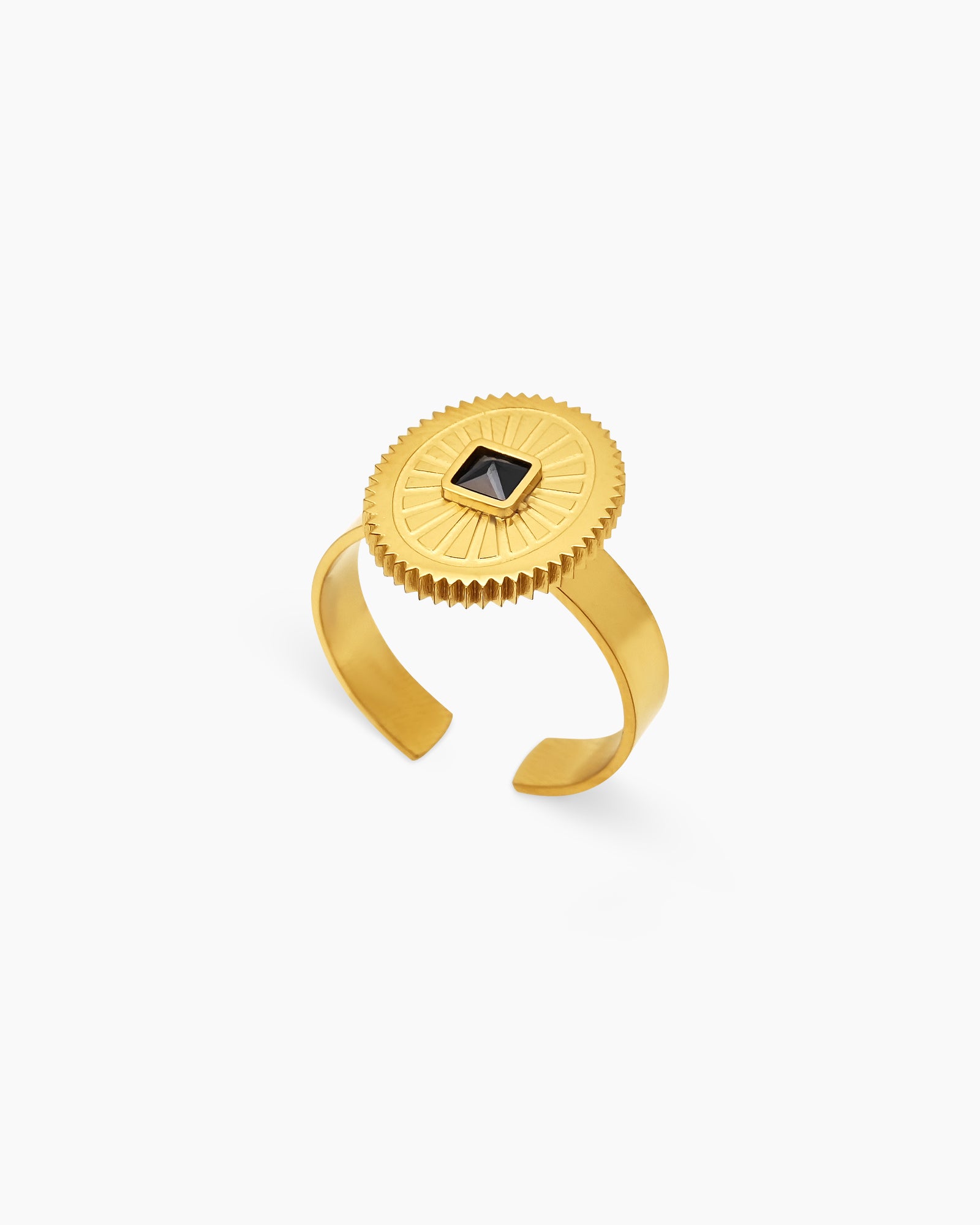 A black adjustable ring with a square-cut zircon at the center of a textured sunburst medallion