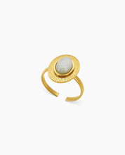 A White Amazonite adjustable ring with a radiant gold-toned band and fine sunburst detailing